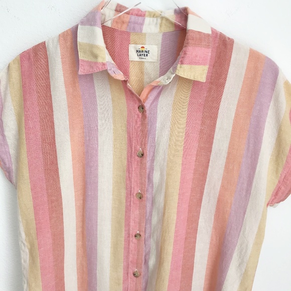 Marine Layer Dana Striped Linen Blend Shirt XS Relaxed Short Sleeve Button Up - Picture 4 of 7
